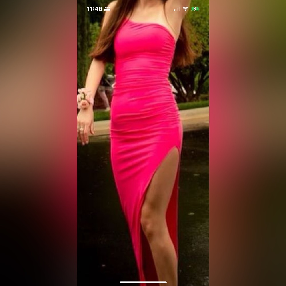 Nookie Hot Pink Strapless Ruched Prom Dress with Thigh Slit